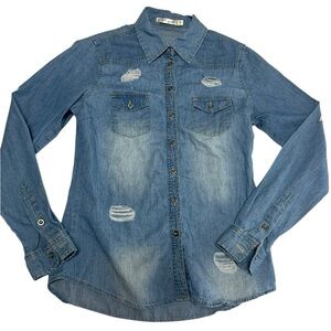 E&J Collection Distressed Denim Button-Up Shirt (Small)